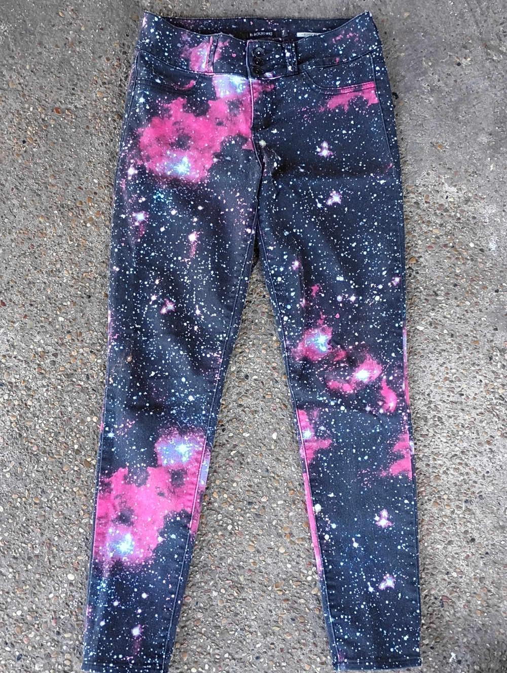 2/$10 Hot Topic Blackheart Galaxy Print Pink & Black Skinny Jeans Size 7